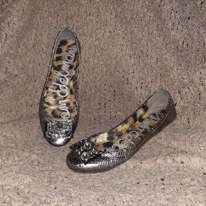 SAM EDELMAN-Caper-Metallic Snakeskin Ballet-Rhinestone Embellished-Sz 37.5-EX